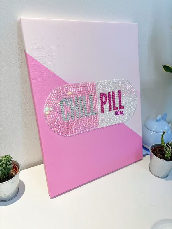 Pre-done Pink Chill Pill Rhinestone Diamond Painting Canvas